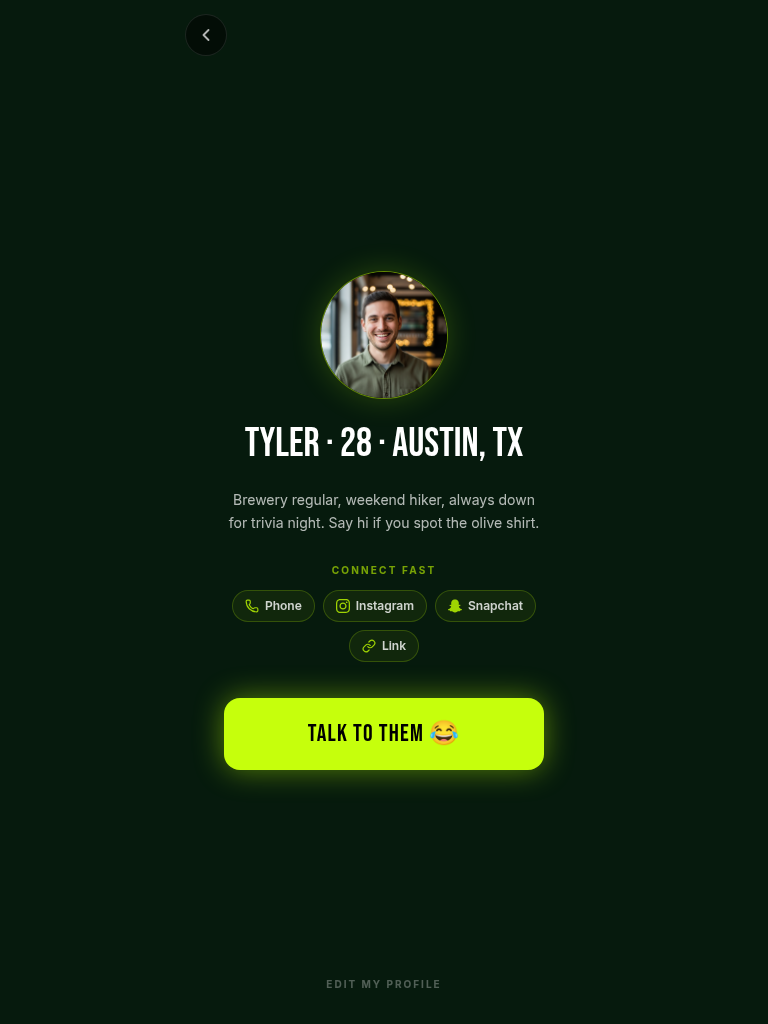 Greeli profile with Quick Connect — Phone, Instagram, Snapchat, Link