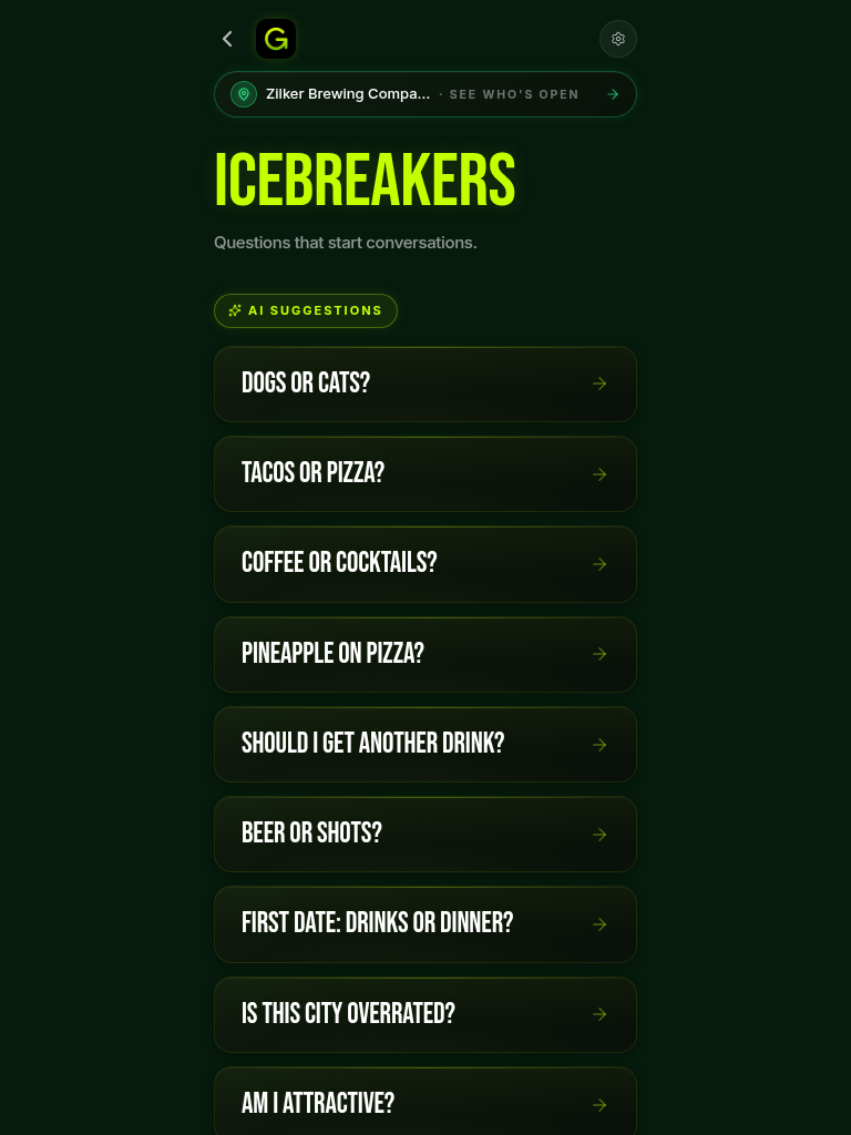 Greeli Icebreakers — Dogs or Cats, Tacos or Pizza, Coffee or Cocktails